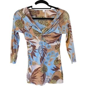 Vintage Pō Floral Mesh Top Y2K Whimsygoth Twist Front V-Neck 90s Brown Blue